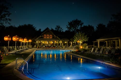 photo from pinterest of halloween-style designed (outdoor pool area ) with pool and pool lights and pool lounge chairs and pool. . with spiderwebs and glowing pumpkins and cobwebs and yellow black balloons and skeletons sitting and standing and human skulls and cobwebs and lanterns. . cinematic photo, highly detailed, cinematic lighting, ultra-detailed, ultrarealistic, photorealism, 8k. trending on pinterest. halloween design style. masterpiece, cinematic light, ultrarealistic+, photorealistic+, 8k, raw photo, realistic, sharp focus on eyes, (symmetrical eyes), (intact eyes), hyperrealistic, highest quality, best quality, , highly detailed, masterpiece, best quality, extremely detailed 8k wallpaper, masterpiece, best quality, ultra-detailed, best shadow, detailed background, detailed face, detailed eyes, high contrast, best illumination, detailed face, dulux, caustic, dynamic angle, detailed glow. dramatic lighting. highly detailed, insanely detailed hair, symmetrical, intricate details, professionally retouched, 8k high definition. strong bokeh. award winning photo.