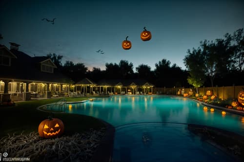 photo from pinterest of halloween-style designed (outdoor pool area ) with pool and pool lights and pool lounge chairs and pool. . with spiderwebs and glowing pumpkins and cobwebs and yellow black balloons and skeletons sitting and standing and human skulls and cobwebs and lanterns. . cinematic photo, highly detailed, cinematic lighting, ultra-detailed, ultrarealistic, photorealism, 8k. trending on pinterest. halloween design style. masterpiece, cinematic light, ultrarealistic+, photorealistic+, 8k, raw photo, realistic, sharp focus on eyes, (symmetrical eyes), (intact eyes), hyperrealistic, highest quality, best quality, , highly detailed, masterpiece, best quality, extremely detailed 8k wallpaper, masterpiece, best quality, ultra-detailed, best shadow, detailed background, detailed face, detailed eyes, high contrast, best illumination, detailed face, dulux, caustic, dynamic angle, detailed glow. dramatic lighting. highly detailed, insanely detailed hair, symmetrical, intricate details, professionally retouched, 8k high definition. strong bokeh. award winning photo.