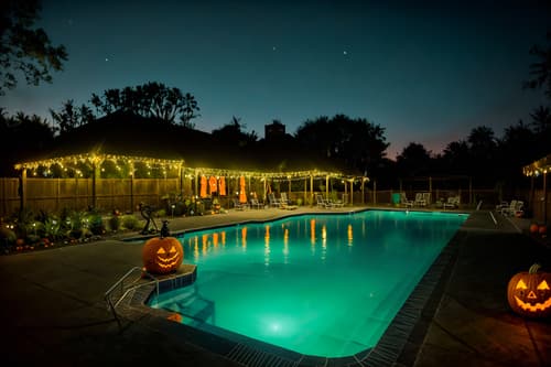 photo from pinterest of halloween-style designed (outdoor pool area ) with pool and pool lights and pool lounge chairs and pool. . with spiderwebs and glowing pumpkins and cobwebs and yellow black balloons and skeletons sitting and standing and human skulls and cobwebs and lanterns. . cinematic photo, highly detailed, cinematic lighting, ultra-detailed, ultrarealistic, photorealism, 8k. trending on pinterest. halloween design style. masterpiece, cinematic light, ultrarealistic+, photorealistic+, 8k, raw photo, realistic, sharp focus on eyes, (symmetrical eyes), (intact eyes), hyperrealistic, highest quality, best quality, , highly detailed, masterpiece, best quality, extremely detailed 8k wallpaper, masterpiece, best quality, ultra-detailed, best shadow, detailed background, detailed face, detailed eyes, high contrast, best illumination, detailed face, dulux, caustic, dynamic angle, detailed glow. dramatic lighting. highly detailed, insanely detailed hair, symmetrical, intricate details, professionally retouched, 8k high definition. strong bokeh. award winning photo.