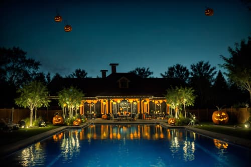 photo from pinterest of halloween-style designed (outdoor pool area ) with pool and pool lights and pool lounge chairs and pool. . with spiderwebs and glowing pumpkins and cobwebs and yellow black balloons and skeletons sitting and standing and human skulls and cobwebs and lanterns. . cinematic photo, highly detailed, cinematic lighting, ultra-detailed, ultrarealistic, photorealism, 8k. trending on pinterest. halloween design style. masterpiece, cinematic light, ultrarealistic+, photorealistic+, 8k, raw photo, realistic, sharp focus on eyes, (symmetrical eyes), (intact eyes), hyperrealistic, highest quality, best quality, , highly detailed, masterpiece, best quality, extremely detailed 8k wallpaper, masterpiece, best quality, ultra-detailed, best shadow, detailed background, detailed face, detailed eyes, high contrast, best illumination, detailed face, dulux, caustic, dynamic angle, detailed glow. dramatic lighting. highly detailed, insanely detailed hair, symmetrical, intricate details, professionally retouched, 8k high definition. strong bokeh. award winning photo.