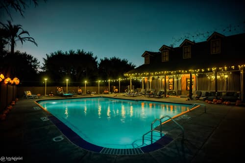 photo from pinterest of halloween-style designed (outdoor pool area ) with pool and pool lights and pool lounge chairs and pool. . with spiderwebs and glowing pumpkins and cobwebs and yellow black balloons and skeletons sitting and standing and human skulls and cobwebs and lanterns. . cinematic photo, highly detailed, cinematic lighting, ultra-detailed, ultrarealistic, photorealism, 8k. trending on pinterest. halloween design style. masterpiece, cinematic light, ultrarealistic+, photorealistic+, 8k, raw photo, realistic, sharp focus on eyes, (symmetrical eyes), (intact eyes), hyperrealistic, highest quality, best quality, , highly detailed, masterpiece, best quality, extremely detailed 8k wallpaper, masterpiece, best quality, ultra-detailed, best shadow, detailed background, detailed face, detailed eyes, high contrast, best illumination, detailed face, dulux, caustic, dynamic angle, detailed glow. dramatic lighting. highly detailed, insanely detailed hair, symmetrical, intricate details, professionally retouched, 8k high definition. strong bokeh. award winning photo.