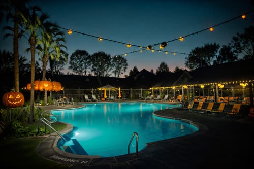 photo from pinterest of halloween-style designed (outdoor pool area ) with pool and pool lights and pool lounge chairs and pool. . with spiderwebs and glowing pumpkins and cobwebs and yellow black balloons and skeletons sitting and standing and human skulls and cobwebs and lanterns. . cinematic photo, highly detailed, cinematic lighting, ultra-detailed, ultrarealistic, photorealism, 8k. trending on pinterest. halloween design style. masterpiece, cinematic light, ultrarealistic+, photorealistic+, 8k, raw photo, realistic, sharp focus on eyes, (symmetrical eyes), (intact eyes), hyperrealistic, highest quality, best quality, , highly detailed, masterpiece, best quality, extremely detailed 8k wallpaper, masterpiece, best quality, ultra-detailed, best shadow, detailed background, detailed face, detailed eyes, high contrast, best illumination, detailed face, dulux, caustic, dynamic angle, detailed glow. dramatic lighting. highly detailed, insanely detailed hair, symmetrical, intricate details, professionally retouched, 8k high definition. strong bokeh. award winning photo.