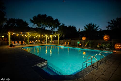 photo from pinterest of halloween-style designed (outdoor pool area ) with pool and pool lights and pool lounge chairs and pool. . with spiderwebs and glowing pumpkins and cobwebs and yellow black balloons and skeletons sitting and standing and human skulls and cobwebs and lanterns. . cinematic photo, highly detailed, cinematic lighting, ultra-detailed, ultrarealistic, photorealism, 8k. trending on pinterest. halloween design style. masterpiece, cinematic light, ultrarealistic+, photorealistic+, 8k, raw photo, realistic, sharp focus on eyes, (symmetrical eyes), (intact eyes), hyperrealistic, highest quality, best quality, , highly detailed, masterpiece, best quality, extremely detailed 8k wallpaper, masterpiece, best quality, ultra-detailed, best shadow, detailed background, detailed face, detailed eyes, high contrast, best illumination, detailed face, dulux, caustic, dynamic angle, detailed glow. dramatic lighting. highly detailed, insanely detailed hair, symmetrical, intricate details, professionally retouched, 8k high definition. strong bokeh. award winning photo.