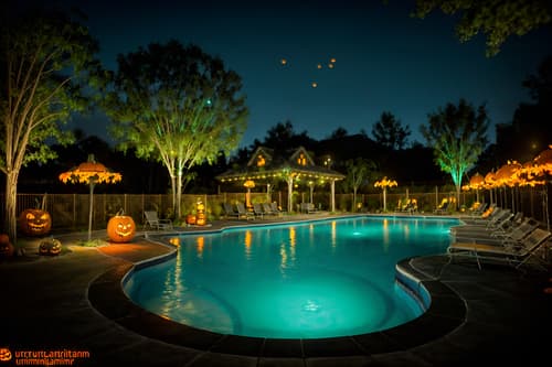 photo from pinterest of halloween-style designed (outdoor pool area ) with pool and pool lights and pool lounge chairs and pool. . with spiderwebs and glowing pumpkins and cobwebs and yellow black balloons and skeletons sitting and standing and human skulls and cobwebs and lanterns. . cinematic photo, highly detailed, cinematic lighting, ultra-detailed, ultrarealistic, photorealism, 8k. trending on pinterest. halloween design style. masterpiece, cinematic light, ultrarealistic+, photorealistic+, 8k, raw photo, realistic, sharp focus on eyes, (symmetrical eyes), (intact eyes), hyperrealistic, highest quality, best quality, , highly detailed, masterpiece, best quality, extremely detailed 8k wallpaper, masterpiece, best quality, ultra-detailed, best shadow, detailed background, detailed face, detailed eyes, high contrast, best illumination, detailed face, dulux, caustic, dynamic angle, detailed glow. dramatic lighting. highly detailed, insanely detailed hair, symmetrical, intricate details, professionally retouched, 8k high definition. strong bokeh. award winning photo.