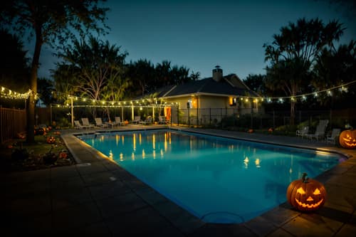 photo from pinterest of halloween-style designed (outdoor pool area ) with pool and pool lights and pool lounge chairs and pool. . with spiderwebs and glowing pumpkins and cobwebs and yellow black balloons and skeletons sitting and standing and human skulls and cobwebs and lanterns. . cinematic photo, highly detailed, cinematic lighting, ultra-detailed, ultrarealistic, photorealism, 8k. trending on pinterest. halloween design style. masterpiece, cinematic light, ultrarealistic+, photorealistic+, 8k, raw photo, realistic, sharp focus on eyes, (symmetrical eyes), (intact eyes), hyperrealistic, highest quality, best quality, , highly detailed, masterpiece, best quality, extremely detailed 8k wallpaper, masterpiece, best quality, ultra-detailed, best shadow, detailed background, detailed face, detailed eyes, high contrast, best illumination, detailed face, dulux, caustic, dynamic angle, detailed glow. dramatic lighting. highly detailed, insanely detailed hair, symmetrical, intricate details, professionally retouched, 8k high definition. strong bokeh. award winning photo.