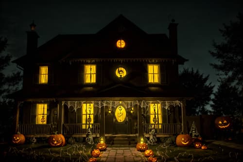 photo from pinterest of halloween-style exterior designed (house exterior exterior) . with cobwebs and spiderwebs and yellow black balloons and cobwebs and lanterns and lanterns and glowing pumpkins and human skulls. . cinematic photo, highly detailed, cinematic lighting, ultra-detailed, ultrarealistic, photorealism, 8k. trending on pinterest. halloween exterior design style. masterpiece, cinematic light, ultrarealistic+, photorealistic+, 8k, raw photo, realistic, sharp focus on eyes, (symmetrical eyes), (intact eyes), hyperrealistic, highest quality, best quality, , highly detailed, masterpiece, best quality, extremely detailed 8k wallpaper, masterpiece, best quality, ultra-detailed, best shadow, detailed background, detailed face, detailed eyes, high contrast, best illumination, detailed face, dulux, caustic, dynamic angle, detailed glow. dramatic lighting. highly detailed, insanely detailed hair, symmetrical, intricate details, professionally retouched, 8k high definition. strong bokeh. award winning photo.