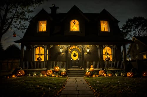 photo from pinterest of halloween-style exterior designed (house exterior exterior) . with cobwebs and spiderwebs and yellow black balloons and cobwebs and lanterns and lanterns and glowing pumpkins and human skulls. . cinematic photo, highly detailed, cinematic lighting, ultra-detailed, ultrarealistic, photorealism, 8k. trending on pinterest. halloween exterior design style. masterpiece, cinematic light, ultrarealistic+, photorealistic+, 8k, raw photo, realistic, sharp focus on eyes, (symmetrical eyes), (intact eyes), hyperrealistic, highest quality, best quality, , highly detailed, masterpiece, best quality, extremely detailed 8k wallpaper, masterpiece, best quality, ultra-detailed, best shadow, detailed background, detailed face, detailed eyes, high contrast, best illumination, detailed face, dulux, caustic, dynamic angle, detailed glow. dramatic lighting. highly detailed, insanely detailed hair, symmetrical, intricate details, professionally retouched, 8k high definition. strong bokeh. award winning photo.