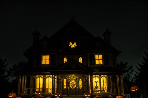 photo from pinterest of halloween-style exterior designed (house exterior exterior) . with cobwebs and spiderwebs and yellow black balloons and cobwebs and lanterns and lanterns and glowing pumpkins and human skulls. . cinematic photo, highly detailed, cinematic lighting, ultra-detailed, ultrarealistic, photorealism, 8k. trending on pinterest. halloween exterior design style. masterpiece, cinematic light, ultrarealistic+, photorealistic+, 8k, raw photo, realistic, sharp focus on eyes, (symmetrical eyes), (intact eyes), hyperrealistic, highest quality, best quality, , highly detailed, masterpiece, best quality, extremely detailed 8k wallpaper, masterpiece, best quality, ultra-detailed, best shadow, detailed background, detailed face, detailed eyes, high contrast, best illumination, detailed face, dulux, caustic, dynamic angle, detailed glow. dramatic lighting. highly detailed, insanely detailed hair, symmetrical, intricate details, professionally retouched, 8k high definition. strong bokeh. award winning photo.