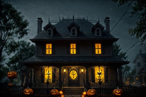 photo from pinterest of halloween-style exterior designed (house exterior exterior) . with cobwebs and spiderwebs and yellow black balloons and cobwebs and lanterns and lanterns and glowing pumpkins and human skulls. . cinematic photo, highly detailed, cinematic lighting, ultra-detailed, ultrarealistic, photorealism, 8k. trending on pinterest. halloween exterior design style. masterpiece, cinematic light, ultrarealistic+, photorealistic+, 8k, raw photo, realistic, sharp focus on eyes, (symmetrical eyes), (intact eyes), hyperrealistic, highest quality, best quality, , highly detailed, masterpiece, best quality, extremely detailed 8k wallpaper, masterpiece, best quality, ultra-detailed, best shadow, detailed background, detailed face, detailed eyes, high contrast, best illumination, detailed face, dulux, caustic, dynamic angle, detailed glow. dramatic lighting. highly detailed, insanely detailed hair, symmetrical, intricate details, professionally retouched, 8k high definition. strong bokeh. award winning photo.