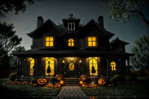 photo from pinterest of halloween-style exterior designed (house exterior exterior) . with cobwebs and spiderwebs and yellow black balloons and cobwebs and lanterns and lanterns and glowing pumpkins and human skulls. . cinematic photo, highly detailed, cinematic lighting, ultra-detailed, ultrarealistic, photorealism, 8k. trending on pinterest. halloween exterior design style. masterpiece, cinematic light, ultrarealistic+, photorealistic+, 8k, raw photo, realistic, sharp focus on eyes, (symmetrical eyes), (intact eyes), hyperrealistic, highest quality, best quality, , highly detailed, masterpiece, best quality, extremely detailed 8k wallpaper, masterpiece, best quality, ultra-detailed, best shadow, detailed background, detailed face, detailed eyes, high contrast, best illumination, detailed face, dulux, caustic, dynamic angle, detailed glow. dramatic lighting. highly detailed, insanely detailed hair, symmetrical, intricate details, professionally retouched, 8k high definition. strong bokeh. award winning photo.