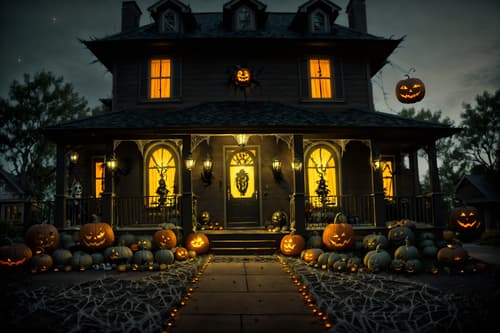 photo from pinterest of halloween-style exterior designed (house exterior exterior) . with cobwebs and spiderwebs and yellow black balloons and cobwebs and lanterns and lanterns and glowing pumpkins and human skulls. . cinematic photo, highly detailed, cinematic lighting, ultra-detailed, ultrarealistic, photorealism, 8k. trending on pinterest. halloween exterior design style. masterpiece, cinematic light, ultrarealistic+, photorealistic+, 8k, raw photo, realistic, sharp focus on eyes, (symmetrical eyes), (intact eyes), hyperrealistic, highest quality, best quality, , highly detailed, masterpiece, best quality, extremely detailed 8k wallpaper, masterpiece, best quality, ultra-detailed, best shadow, detailed background, detailed face, detailed eyes, high contrast, best illumination, detailed face, dulux, caustic, dynamic angle, detailed glow. dramatic lighting. highly detailed, insanely detailed hair, symmetrical, intricate details, professionally retouched, 8k high definition. strong bokeh. award winning photo.