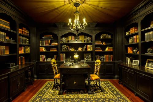 photo from pinterest of halloween-style interior designed (study room interior) with desk lamp and bookshelves and office chair and plant and cabinets and writing desk and lounge chair and desk lamp. . with cobwebs and human skulls and skeletons sitting and standing and spiderwebs and lanterns and lanterns and yellow black balloons and cobwebs. . cinematic photo, highly detailed, cinematic lighting, ultra-detailed, ultrarealistic, photorealism, 8k. trending on pinterest. halloween interior design style. masterpiece, cinematic light, ultrarealistic+, photorealistic+, 8k, raw photo, realistic, sharp focus on eyes, (symmetrical eyes), (intact eyes), hyperrealistic, highest quality, best quality, , highly detailed, masterpiece, best quality, extremely detailed 8k wallpaper, masterpiece, best quality, ultra-detailed, best shadow, detailed background, detailed face, detailed eyes, high contrast, best illumination, detailed face, dulux, caustic, dynamic angle, detailed glow. dramatic lighting. highly detailed, insanely detailed hair, symmetrical, intricate details, professionally retouched, 8k high definition. strong bokeh. award winning photo.