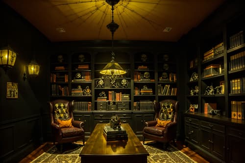 photo from pinterest of halloween-style interior designed (study room interior) with desk lamp and bookshelves and office chair and plant and cabinets and writing desk and lounge chair and desk lamp. . with cobwebs and human skulls and skeletons sitting and standing and spiderwebs and lanterns and lanterns and yellow black balloons and cobwebs. . cinematic photo, highly detailed, cinematic lighting, ultra-detailed, ultrarealistic, photorealism, 8k. trending on pinterest. halloween interior design style. masterpiece, cinematic light, ultrarealistic+, photorealistic+, 8k, raw photo, realistic, sharp focus on eyes, (symmetrical eyes), (intact eyes), hyperrealistic, highest quality, best quality, , highly detailed, masterpiece, best quality, extremely detailed 8k wallpaper, masterpiece, best quality, ultra-detailed, best shadow, detailed background, detailed face, detailed eyes, high contrast, best illumination, detailed face, dulux, caustic, dynamic angle, detailed glow. dramatic lighting. highly detailed, insanely detailed hair, symmetrical, intricate details, professionally retouched, 8k high definition. strong bokeh. award winning photo.