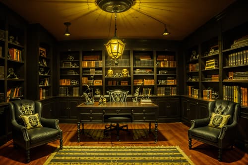 photo from pinterest of halloween-style interior designed (study room interior) with desk lamp and bookshelves and office chair and plant and cabinets and writing desk and lounge chair and desk lamp. . with cobwebs and human skulls and skeletons sitting and standing and spiderwebs and lanterns and lanterns and yellow black balloons and cobwebs. . cinematic photo, highly detailed, cinematic lighting, ultra-detailed, ultrarealistic, photorealism, 8k. trending on pinterest. halloween interior design style. masterpiece, cinematic light, ultrarealistic+, photorealistic+, 8k, raw photo, realistic, sharp focus on eyes, (symmetrical eyes), (intact eyes), hyperrealistic, highest quality, best quality, , highly detailed, masterpiece, best quality, extremely detailed 8k wallpaper, masterpiece, best quality, ultra-detailed, best shadow, detailed background, detailed face, detailed eyes, high contrast, best illumination, detailed face, dulux, caustic, dynamic angle, detailed glow. dramatic lighting. highly detailed, insanely detailed hair, symmetrical, intricate details, professionally retouched, 8k high definition. strong bokeh. award winning photo.