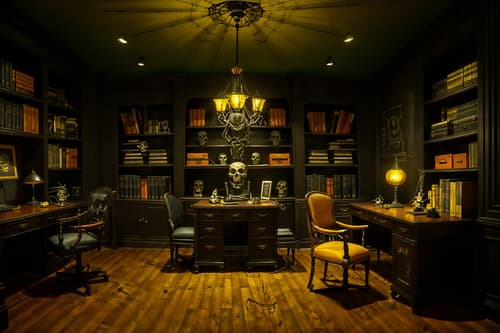 photo from pinterest of halloween-style interior designed (study room interior) with desk lamp and bookshelves and office chair and plant and cabinets and writing desk and lounge chair and desk lamp. . with cobwebs and human skulls and skeletons sitting and standing and spiderwebs and lanterns and lanterns and yellow black balloons and cobwebs. . cinematic photo, highly detailed, cinematic lighting, ultra-detailed, ultrarealistic, photorealism, 8k. trending on pinterest. halloween interior design style. masterpiece, cinematic light, ultrarealistic+, photorealistic+, 8k, raw photo, realistic, sharp focus on eyes, (symmetrical eyes), (intact eyes), hyperrealistic, highest quality, best quality, , highly detailed, masterpiece, best quality, extremely detailed 8k wallpaper, masterpiece, best quality, ultra-detailed, best shadow, detailed background, detailed face, detailed eyes, high contrast, best illumination, detailed face, dulux, caustic, dynamic angle, detailed glow. dramatic lighting. highly detailed, insanely detailed hair, symmetrical, intricate details, professionally retouched, 8k high definition. strong bokeh. award winning photo.