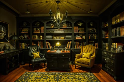 photo from pinterest of halloween-style interior designed (study room interior) with desk lamp and bookshelves and office chair and plant and cabinets and writing desk and lounge chair and desk lamp. . with cobwebs and human skulls and skeletons sitting and standing and spiderwebs and lanterns and lanterns and yellow black balloons and cobwebs. . cinematic photo, highly detailed, cinematic lighting, ultra-detailed, ultrarealistic, photorealism, 8k. trending on pinterest. halloween interior design style. masterpiece, cinematic light, ultrarealistic+, photorealistic+, 8k, raw photo, realistic, sharp focus on eyes, (symmetrical eyes), (intact eyes), hyperrealistic, highest quality, best quality, , highly detailed, masterpiece, best quality, extremely detailed 8k wallpaper, masterpiece, best quality, ultra-detailed, best shadow, detailed background, detailed face, detailed eyes, high contrast, best illumination, detailed face, dulux, caustic, dynamic angle, detailed glow. dramatic lighting. highly detailed, insanely detailed hair, symmetrical, intricate details, professionally retouched, 8k high definition. strong bokeh. award winning photo.