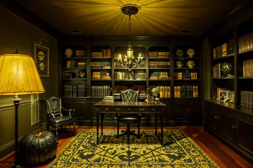 photo from pinterest of halloween-style interior designed (study room interior) with desk lamp and bookshelves and office chair and plant and cabinets and writing desk and lounge chair and desk lamp. . with cobwebs and human skulls and skeletons sitting and standing and spiderwebs and lanterns and lanterns and yellow black balloons and cobwebs. . cinematic photo, highly detailed, cinematic lighting, ultra-detailed, ultrarealistic, photorealism, 8k. trending on pinterest. halloween interior design style. masterpiece, cinematic light, ultrarealistic+, photorealistic+, 8k, raw photo, realistic, sharp focus on eyes, (symmetrical eyes), (intact eyes), hyperrealistic, highest quality, best quality, , highly detailed, masterpiece, best quality, extremely detailed 8k wallpaper, masterpiece, best quality, ultra-detailed, best shadow, detailed background, detailed face, detailed eyes, high contrast, best illumination, detailed face, dulux, caustic, dynamic angle, detailed glow. dramatic lighting. highly detailed, insanely detailed hair, symmetrical, intricate details, professionally retouched, 8k high definition. strong bokeh. award winning photo.