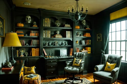 photo from pinterest of halloween-style interior designed (study room interior) with desk lamp and bookshelves and office chair and plant and cabinets and writing desk and lounge chair and desk lamp. . with cobwebs and human skulls and skeletons sitting and standing and spiderwebs and lanterns and lanterns and yellow black balloons and cobwebs. . cinematic photo, highly detailed, cinematic lighting, ultra-detailed, ultrarealistic, photorealism, 8k. trending on pinterest. halloween interior design style. masterpiece, cinematic light, ultrarealistic+, photorealistic+, 8k, raw photo, realistic, sharp focus on eyes, (symmetrical eyes), (intact eyes), hyperrealistic, highest quality, best quality, , highly detailed, masterpiece, best quality, extremely detailed 8k wallpaper, masterpiece, best quality, ultra-detailed, best shadow, detailed background, detailed face, detailed eyes, high contrast, best illumination, detailed face, dulux, caustic, dynamic angle, detailed glow. dramatic lighting. highly detailed, insanely detailed hair, symmetrical, intricate details, professionally retouched, 8k high definition. strong bokeh. award winning photo.