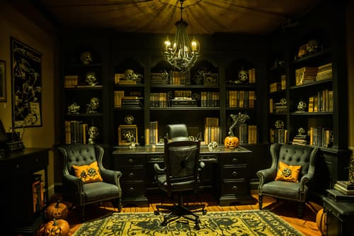 photo from pinterest of halloween-style interior designed (study room interior) with desk lamp and bookshelves and office chair and plant and cabinets and writing desk and lounge chair and desk lamp. . with cobwebs and human skulls and skeletons sitting and standing and spiderwebs and lanterns and lanterns and yellow black balloons and cobwebs. . cinematic photo, highly detailed, cinematic lighting, ultra-detailed, ultrarealistic, photorealism, 8k. trending on pinterest. halloween interior design style. masterpiece, cinematic light, ultrarealistic+, photorealistic+, 8k, raw photo, realistic, sharp focus on eyes, (symmetrical eyes), (intact eyes), hyperrealistic, highest quality, best quality, , highly detailed, masterpiece, best quality, extremely detailed 8k wallpaper, masterpiece, best quality, ultra-detailed, best shadow, detailed background, detailed face, detailed eyes, high contrast, best illumination, detailed face, dulux, caustic, dynamic angle, detailed glow. dramatic lighting. highly detailed, insanely detailed hair, symmetrical, intricate details, professionally retouched, 8k high definition. strong bokeh. award winning photo.