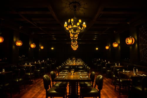 photo from pinterest of halloween-style interior designed (restaurant interior) with restaurant chairs and restaurant bar and restaurant decor and restaurant dining tables and restaurant chairs. . with glowing pumpkins and skeletons sitting and standing and lanterns and human skulls and spiderwebs and lanterns and cobwebs and yellow black balloons. . cinematic photo, highly detailed, cinematic lighting, ultra-detailed, ultrarealistic, photorealism, 8k. trending on pinterest. halloween interior design style. masterpiece, cinematic light, ultrarealistic+, photorealistic+, 8k, raw photo, realistic, sharp focus on eyes, (symmetrical eyes), (intact eyes), hyperrealistic, highest quality, best quality, , highly detailed, masterpiece, best quality, extremely detailed 8k wallpaper, masterpiece, best quality, ultra-detailed, best shadow, detailed background, detailed face, detailed eyes, high contrast, best illumination, detailed face, dulux, caustic, dynamic angle, detailed glow. dramatic lighting. highly detailed, insanely detailed hair, symmetrical, intricate details, professionally retouched, 8k high definition. strong bokeh. award winning photo.
