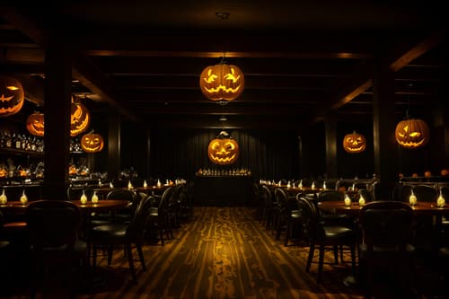 photo from pinterest of halloween-style interior designed (restaurant interior) with restaurant chairs and restaurant bar and restaurant decor and restaurant dining tables and restaurant chairs. . with glowing pumpkins and skeletons sitting and standing and lanterns and human skulls and spiderwebs and lanterns and cobwebs and yellow black balloons. . cinematic photo, highly detailed, cinematic lighting, ultra-detailed, ultrarealistic, photorealism, 8k. trending on pinterest. halloween interior design style. masterpiece, cinematic light, ultrarealistic+, photorealistic+, 8k, raw photo, realistic, sharp focus on eyes, (symmetrical eyes), (intact eyes), hyperrealistic, highest quality, best quality, , highly detailed, masterpiece, best quality, extremely detailed 8k wallpaper, masterpiece, best quality, ultra-detailed, best shadow, detailed background, detailed face, detailed eyes, high contrast, best illumination, detailed face, dulux, caustic, dynamic angle, detailed glow. dramatic lighting. highly detailed, insanely detailed hair, symmetrical, intricate details, professionally retouched, 8k high definition. strong bokeh. award winning photo.