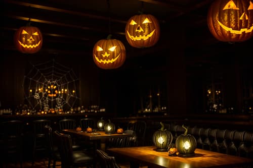 photo from pinterest of halloween-style interior designed (restaurant interior) with restaurant chairs and restaurant bar and restaurant decor and restaurant dining tables and restaurant chairs. . with glowing pumpkins and skeletons sitting and standing and lanterns and human skulls and spiderwebs and lanterns and cobwebs and yellow black balloons. . cinematic photo, highly detailed, cinematic lighting, ultra-detailed, ultrarealistic, photorealism, 8k. trending on pinterest. halloween interior design style. masterpiece, cinematic light, ultrarealistic+, photorealistic+, 8k, raw photo, realistic, sharp focus on eyes, (symmetrical eyes), (intact eyes), hyperrealistic, highest quality, best quality, , highly detailed, masterpiece, best quality, extremely detailed 8k wallpaper, masterpiece, best quality, ultra-detailed, best shadow, detailed background, detailed face, detailed eyes, high contrast, best illumination, detailed face, dulux, caustic, dynamic angle, detailed glow. dramatic lighting. highly detailed, insanely detailed hair, symmetrical, intricate details, professionally retouched, 8k high definition. strong bokeh. award winning photo.