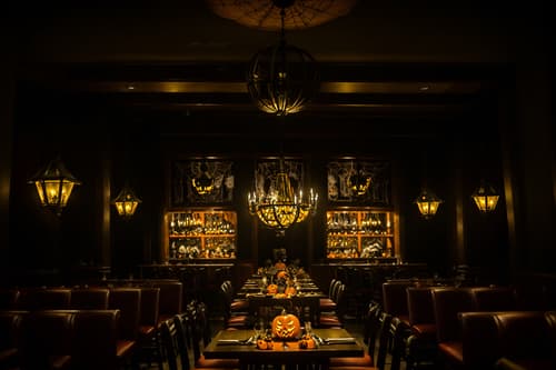 photo from pinterest of halloween-style interior designed (restaurant interior) with restaurant chairs and restaurant bar and restaurant decor and restaurant dining tables and restaurant chairs. . with glowing pumpkins and skeletons sitting and standing and lanterns and human skulls and spiderwebs and lanterns and cobwebs and yellow black balloons. . cinematic photo, highly detailed, cinematic lighting, ultra-detailed, ultrarealistic, photorealism, 8k. trending on pinterest. halloween interior design style. masterpiece, cinematic light, ultrarealistic+, photorealistic+, 8k, raw photo, realistic, sharp focus on eyes, (symmetrical eyes), (intact eyes), hyperrealistic, highest quality, best quality, , highly detailed, masterpiece, best quality, extremely detailed 8k wallpaper, masterpiece, best quality, ultra-detailed, best shadow, detailed background, detailed face, detailed eyes, high contrast, best illumination, detailed face, dulux, caustic, dynamic angle, detailed glow. dramatic lighting. highly detailed, insanely detailed hair, symmetrical, intricate details, professionally retouched, 8k high definition. strong bokeh. award winning photo.