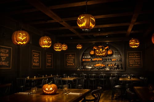 photo from pinterest of halloween-style interior designed (restaurant interior) with restaurant chairs and restaurant bar and restaurant decor and restaurant dining tables and restaurant chairs. . with glowing pumpkins and skeletons sitting and standing and lanterns and human skulls and spiderwebs and lanterns and cobwebs and yellow black balloons. . cinematic photo, highly detailed, cinematic lighting, ultra-detailed, ultrarealistic, photorealism, 8k. trending on pinterest. halloween interior design style. masterpiece, cinematic light, ultrarealistic+, photorealistic+, 8k, raw photo, realistic, sharp focus on eyes, (symmetrical eyes), (intact eyes), hyperrealistic, highest quality, best quality, , highly detailed, masterpiece, best quality, extremely detailed 8k wallpaper, masterpiece, best quality, ultra-detailed, best shadow, detailed background, detailed face, detailed eyes, high contrast, best illumination, detailed face, dulux, caustic, dynamic angle, detailed glow. dramatic lighting. highly detailed, insanely detailed hair, symmetrical, intricate details, professionally retouched, 8k high definition. strong bokeh. award winning photo.