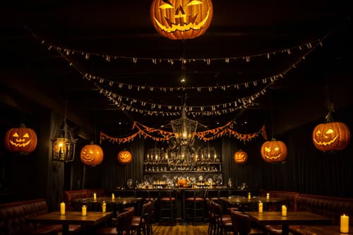 photo from pinterest of halloween-style interior designed (restaurant interior) with restaurant chairs and restaurant bar and restaurant decor and restaurant dining tables and restaurant chairs. . with glowing pumpkins and skeletons sitting and standing and lanterns and human skulls and spiderwebs and lanterns and cobwebs and yellow black balloons. . cinematic photo, highly detailed, cinematic lighting, ultra-detailed, ultrarealistic, photorealism, 8k. trending on pinterest. halloween interior design style. masterpiece, cinematic light, ultrarealistic+, photorealistic+, 8k, raw photo, realistic, sharp focus on eyes, (symmetrical eyes), (intact eyes), hyperrealistic, highest quality, best quality, , highly detailed, masterpiece, best quality, extremely detailed 8k wallpaper, masterpiece, best quality, ultra-detailed, best shadow, detailed background, detailed face, detailed eyes, high contrast, best illumination, detailed face, dulux, caustic, dynamic angle, detailed glow. dramatic lighting. highly detailed, insanely detailed hair, symmetrical, intricate details, professionally retouched, 8k high definition. strong bokeh. award winning photo.