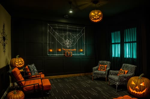 photo from pinterest of halloween-style interior designed (coworking space interior) with lounge chairs and office chairs and office desks and seating area with sofa and lounge chairs. . with glowing pumpkins and cobwebs and human skulls and lanterns and spiderwebs and cobwebs and skeletons sitting and standing and yellow black balloons. . cinematic photo, highly detailed, cinematic lighting, ultra-detailed, ultrarealistic, photorealism, 8k. trending on pinterest. halloween interior design style. masterpiece, cinematic light, ultrarealistic+, photorealistic+, 8k, raw photo, realistic, sharp focus on eyes, (symmetrical eyes), (intact eyes), hyperrealistic, highest quality, best quality, , highly detailed, masterpiece, best quality, extremely detailed 8k wallpaper, masterpiece, best quality, ultra-detailed, best shadow, detailed background, detailed face, detailed eyes, high contrast, best illumination, detailed face, dulux, caustic, dynamic angle, detailed glow. dramatic lighting. highly detailed, insanely detailed hair, symmetrical, intricate details, professionally retouched, 8k high definition. strong bokeh. award winning photo.