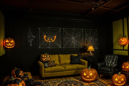 photo from pinterest of halloween-style interior designed (coworking space interior) with lounge chairs and office chairs and office desks and seating area with sofa and lounge chairs. . with glowing pumpkins and cobwebs and human skulls and lanterns and spiderwebs and cobwebs and skeletons sitting and standing and yellow black balloons. . cinematic photo, highly detailed, cinematic lighting, ultra-detailed, ultrarealistic, photorealism, 8k. trending on pinterest. halloween interior design style. masterpiece, cinematic light, ultrarealistic+, photorealistic+, 8k, raw photo, realistic, sharp focus on eyes, (symmetrical eyes), (intact eyes), hyperrealistic, highest quality, best quality, , highly detailed, masterpiece, best quality, extremely detailed 8k wallpaper, masterpiece, best quality, ultra-detailed, best shadow, detailed background, detailed face, detailed eyes, high contrast, best illumination, detailed face, dulux, caustic, dynamic angle, detailed glow. dramatic lighting. highly detailed, insanely detailed hair, symmetrical, intricate details, professionally retouched, 8k high definition. strong bokeh. award winning photo.