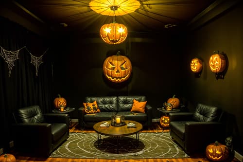 photo from pinterest of halloween-style interior designed (coworking space interior) with lounge chairs and office chairs and office desks and seating area with sofa and lounge chairs. . with glowing pumpkins and cobwebs and human skulls and lanterns and spiderwebs and cobwebs and skeletons sitting and standing and yellow black balloons. . cinematic photo, highly detailed, cinematic lighting, ultra-detailed, ultrarealistic, photorealism, 8k. trending on pinterest. halloween interior design style. masterpiece, cinematic light, ultrarealistic+, photorealistic+, 8k, raw photo, realistic, sharp focus on eyes, (symmetrical eyes), (intact eyes), hyperrealistic, highest quality, best quality, , highly detailed, masterpiece, best quality, extremely detailed 8k wallpaper, masterpiece, best quality, ultra-detailed, best shadow, detailed background, detailed face, detailed eyes, high contrast, best illumination, detailed face, dulux, caustic, dynamic angle, detailed glow. dramatic lighting. highly detailed, insanely detailed hair, symmetrical, intricate details, professionally retouched, 8k high definition. strong bokeh. award winning photo.