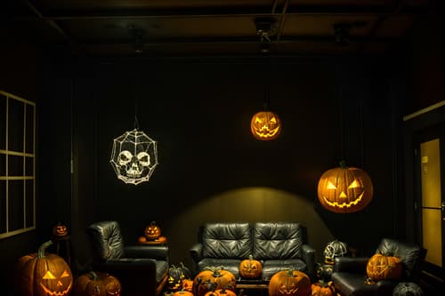 photo from pinterest of halloween-style interior designed (coworking space interior) with lounge chairs and office chairs and office desks and seating area with sofa and lounge chairs. . with glowing pumpkins and cobwebs and human skulls and lanterns and spiderwebs and cobwebs and skeletons sitting and standing and yellow black balloons. . cinematic photo, highly detailed, cinematic lighting, ultra-detailed, ultrarealistic, photorealism, 8k. trending on pinterest. halloween interior design style. masterpiece, cinematic light, ultrarealistic+, photorealistic+, 8k, raw photo, realistic, sharp focus on eyes, (symmetrical eyes), (intact eyes), hyperrealistic, highest quality, best quality, , highly detailed, masterpiece, best quality, extremely detailed 8k wallpaper, masterpiece, best quality, ultra-detailed, best shadow, detailed background, detailed face, detailed eyes, high contrast, best illumination, detailed face, dulux, caustic, dynamic angle, detailed glow. dramatic lighting. highly detailed, insanely detailed hair, symmetrical, intricate details, professionally retouched, 8k high definition. strong bokeh. award winning photo.