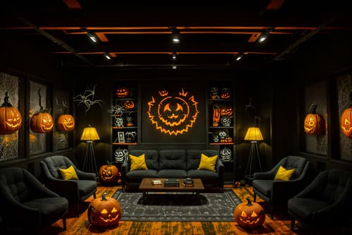photo from pinterest of halloween-style interior designed (coworking space interior) with lounge chairs and office chairs and office desks and seating area with sofa and lounge chairs. . with glowing pumpkins and cobwebs and human skulls and lanterns and spiderwebs and cobwebs and skeletons sitting and standing and yellow black balloons. . cinematic photo, highly detailed, cinematic lighting, ultra-detailed, ultrarealistic, photorealism, 8k. trending on pinterest. halloween interior design style. masterpiece, cinematic light, ultrarealistic+, photorealistic+, 8k, raw photo, realistic, sharp focus on eyes, (symmetrical eyes), (intact eyes), hyperrealistic, highest quality, best quality, , highly detailed, masterpiece, best quality, extremely detailed 8k wallpaper, masterpiece, best quality, ultra-detailed, best shadow, detailed background, detailed face, detailed eyes, high contrast, best illumination, detailed face, dulux, caustic, dynamic angle, detailed glow. dramatic lighting. highly detailed, insanely detailed hair, symmetrical, intricate details, professionally retouched, 8k high definition. strong bokeh. award winning photo.