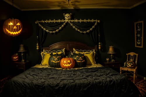 photo from pinterest of halloween-style interior designed (bedroom interior) with night light and headboard and dresser closet and mirror and plant and bedside table or night stand and bed and storage bench or ottoman. . with lanterns and skeletons sitting and standing and human skulls and glowing pumpkins and yellow black balloons and spiderwebs and cobwebs and lanterns. . cinematic photo, highly detailed, cinematic lighting, ultra-detailed, ultrarealistic, photorealism, 8k. trending on pinterest. halloween interior design style. masterpiece, cinematic light, ultrarealistic+, photorealistic+, 8k, raw photo, realistic, sharp focus on eyes, (symmetrical eyes), (intact eyes), hyperrealistic, highest quality, best quality, , highly detailed, masterpiece, best quality, extremely detailed 8k wallpaper, masterpiece, best quality, ultra-detailed, best shadow, detailed background, detailed face, detailed eyes, high contrast, best illumination, detailed face, dulux, caustic, dynamic angle, detailed glow. dramatic lighting. highly detailed, insanely detailed hair, symmetrical, intricate details, professionally retouched, 8k high definition. strong bokeh. award winning photo.