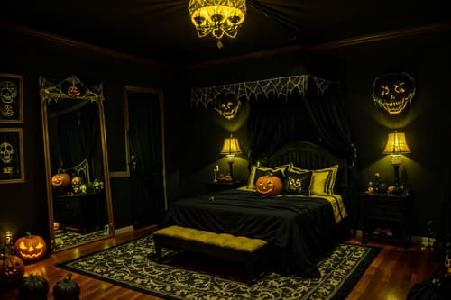 photo from pinterest of halloween-style interior designed (bedroom interior) with night light and headboard and dresser closet and mirror and plant and bedside table or night stand and bed and storage bench or ottoman. . with lanterns and skeletons sitting and standing and human skulls and glowing pumpkins and yellow black balloons and spiderwebs and cobwebs and lanterns. . cinematic photo, highly detailed, cinematic lighting, ultra-detailed, ultrarealistic, photorealism, 8k. trending on pinterest. halloween interior design style. masterpiece, cinematic light, ultrarealistic+, photorealistic+, 8k, raw photo, realistic, sharp focus on eyes, (symmetrical eyes), (intact eyes), hyperrealistic, highest quality, best quality, , highly detailed, masterpiece, best quality, extremely detailed 8k wallpaper, masterpiece, best quality, ultra-detailed, best shadow, detailed background, detailed face, detailed eyes, high contrast, best illumination, detailed face, dulux, caustic, dynamic angle, detailed glow. dramatic lighting. highly detailed, insanely detailed hair, symmetrical, intricate details, professionally retouched, 8k high definition. strong bokeh. award winning photo.