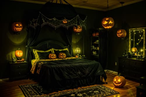 photo from pinterest of halloween-style interior designed (bedroom interior) with night light and headboard and dresser closet and mirror and plant and bedside table or night stand and bed and storage bench or ottoman. . with lanterns and skeletons sitting and standing and human skulls and glowing pumpkins and yellow black balloons and spiderwebs and cobwebs and lanterns. . cinematic photo, highly detailed, cinematic lighting, ultra-detailed, ultrarealistic, photorealism, 8k. trending on pinterest. halloween interior design style. masterpiece, cinematic light, ultrarealistic+, photorealistic+, 8k, raw photo, realistic, sharp focus on eyes, (symmetrical eyes), (intact eyes), hyperrealistic, highest quality, best quality, , highly detailed, masterpiece, best quality, extremely detailed 8k wallpaper, masterpiece, best quality, ultra-detailed, best shadow, detailed background, detailed face, detailed eyes, high contrast, best illumination, detailed face, dulux, caustic, dynamic angle, detailed glow. dramatic lighting. highly detailed, insanely detailed hair, symmetrical, intricate details, professionally retouched, 8k high definition. strong bokeh. award winning photo.