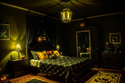 photo from pinterest of halloween-style interior designed (bedroom interior) with night light and headboard and dresser closet and mirror and plant and bedside table or night stand and bed and storage bench or ottoman. . with lanterns and skeletons sitting and standing and human skulls and glowing pumpkins and yellow black balloons and spiderwebs and cobwebs and lanterns. . cinematic photo, highly detailed, cinematic lighting, ultra-detailed, ultrarealistic, photorealism, 8k. trending on pinterest. halloween interior design style. masterpiece, cinematic light, ultrarealistic+, photorealistic+, 8k, raw photo, realistic, sharp focus on eyes, (symmetrical eyes), (intact eyes), hyperrealistic, highest quality, best quality, , highly detailed, masterpiece, best quality, extremely detailed 8k wallpaper, masterpiece, best quality, ultra-detailed, best shadow, detailed background, detailed face, detailed eyes, high contrast, best illumination, detailed face, dulux, caustic, dynamic angle, detailed glow. dramatic lighting. highly detailed, insanely detailed hair, symmetrical, intricate details, professionally retouched, 8k high definition. strong bokeh. award winning photo.