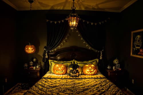 photo from pinterest of halloween-style interior designed (bedroom interior) with night light and headboard and dresser closet and mirror and plant and bedside table or night stand and bed and storage bench or ottoman. . with lanterns and skeletons sitting and standing and human skulls and glowing pumpkins and yellow black balloons and spiderwebs and cobwebs and lanterns. . cinematic photo, highly detailed, cinematic lighting, ultra-detailed, ultrarealistic, photorealism, 8k. trending on pinterest. halloween interior design style. masterpiece, cinematic light, ultrarealistic+, photorealistic+, 8k, raw photo, realistic, sharp focus on eyes, (symmetrical eyes), (intact eyes), hyperrealistic, highest quality, best quality, , highly detailed, masterpiece, best quality, extremely detailed 8k wallpaper, masterpiece, best quality, ultra-detailed, best shadow, detailed background, detailed face, detailed eyes, high contrast, best illumination, detailed face, dulux, caustic, dynamic angle, detailed glow. dramatic lighting. highly detailed, insanely detailed hair, symmetrical, intricate details, professionally retouched, 8k high definition. strong bokeh. award winning photo.