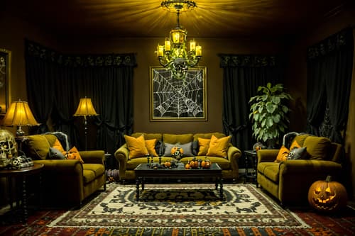 photo from pinterest of halloween-style interior designed (living room interior) with sofa and furniture and coffee tables and rug and chairs and plant and televisions and occasional tables. . with human skulls and cobwebs and spiderwebs and cobwebs and skeletons sitting and standing and glowing pumpkins and yellow black balloons and lanterns. . cinematic photo, highly detailed, cinematic lighting, ultra-detailed, ultrarealistic, photorealism, 8k. trending on pinterest. halloween interior design style. masterpiece, cinematic light, ultrarealistic+, photorealistic+, 8k, raw photo, realistic, sharp focus on eyes, (symmetrical eyes), (intact eyes), hyperrealistic, highest quality, best quality, , highly detailed, masterpiece, best quality, extremely detailed 8k wallpaper, masterpiece, best quality, ultra-detailed, best shadow, detailed background, detailed face, detailed eyes, high contrast, best illumination, detailed face, dulux, caustic, dynamic angle, detailed glow. dramatic lighting. highly detailed, insanely detailed hair, symmetrical, intricate details, professionally retouched, 8k high definition. strong bokeh. award winning photo.