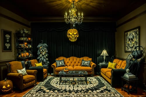 photo from pinterest of halloween-style interior designed (living room interior) with sofa and furniture and coffee tables and rug and chairs and plant and televisions and occasional tables. . with human skulls and cobwebs and spiderwebs and cobwebs and skeletons sitting and standing and glowing pumpkins and yellow black balloons and lanterns. . cinematic photo, highly detailed, cinematic lighting, ultra-detailed, ultrarealistic, photorealism, 8k. trending on pinterest. halloween interior design style. masterpiece, cinematic light, ultrarealistic+, photorealistic+, 8k, raw photo, realistic, sharp focus on eyes, (symmetrical eyes), (intact eyes), hyperrealistic, highest quality, best quality, , highly detailed, masterpiece, best quality, extremely detailed 8k wallpaper, masterpiece, best quality, ultra-detailed, best shadow, detailed background, detailed face, detailed eyes, high contrast, best illumination, detailed face, dulux, caustic, dynamic angle, detailed glow. dramatic lighting. highly detailed, insanely detailed hair, symmetrical, intricate details, professionally retouched, 8k high definition. strong bokeh. award winning photo.