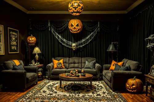 photo from pinterest of halloween-style interior designed (living room interior) with sofa and furniture and coffee tables and rug and chairs and plant and televisions and occasional tables. . with human skulls and cobwebs and spiderwebs and cobwebs and skeletons sitting and standing and glowing pumpkins and yellow black balloons and lanterns. . cinematic photo, highly detailed, cinematic lighting, ultra-detailed, ultrarealistic, photorealism, 8k. trending on pinterest. halloween interior design style. masterpiece, cinematic light, ultrarealistic+, photorealistic+, 8k, raw photo, realistic, sharp focus on eyes, (symmetrical eyes), (intact eyes), hyperrealistic, highest quality, best quality, , highly detailed, masterpiece, best quality, extremely detailed 8k wallpaper, masterpiece, best quality, ultra-detailed, best shadow, detailed background, detailed face, detailed eyes, high contrast, best illumination, detailed face, dulux, caustic, dynamic angle, detailed glow. dramatic lighting. highly detailed, insanely detailed hair, symmetrical, intricate details, professionally retouched, 8k high definition. strong bokeh. award winning photo.
