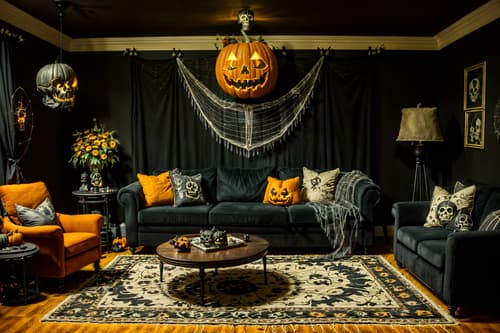 photo from pinterest of halloween-style interior designed (living room interior) with sofa and furniture and coffee tables and rug and chairs and plant and televisions and occasional tables. . with human skulls and cobwebs and spiderwebs and cobwebs and skeletons sitting and standing and glowing pumpkins and yellow black balloons and lanterns. . cinematic photo, highly detailed, cinematic lighting, ultra-detailed, ultrarealistic, photorealism, 8k. trending on pinterest. halloween interior design style. masterpiece, cinematic light, ultrarealistic+, photorealistic+, 8k, raw photo, realistic, sharp focus on eyes, (symmetrical eyes), (intact eyes), hyperrealistic, highest quality, best quality, , highly detailed, masterpiece, best quality, extremely detailed 8k wallpaper, masterpiece, best quality, ultra-detailed, best shadow, detailed background, detailed face, detailed eyes, high contrast, best illumination, detailed face, dulux, caustic, dynamic angle, detailed glow. dramatic lighting. highly detailed, insanely detailed hair, symmetrical, intricate details, professionally retouched, 8k high definition. strong bokeh. award winning photo.