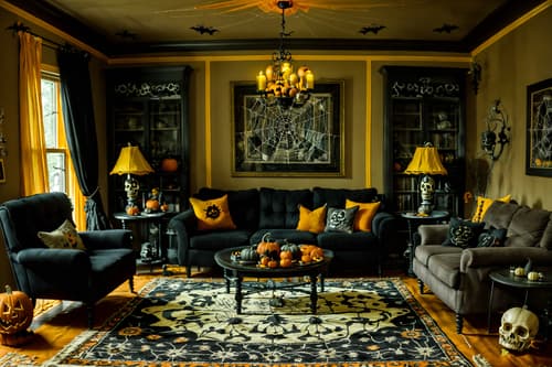 photo from pinterest of halloween-style interior designed (living room interior) with sofa and furniture and coffee tables and rug and chairs and plant and televisions and occasional tables. . with human skulls and cobwebs and spiderwebs and cobwebs and skeletons sitting and standing and glowing pumpkins and yellow black balloons and lanterns. . cinematic photo, highly detailed, cinematic lighting, ultra-detailed, ultrarealistic, photorealism, 8k. trending on pinterest. halloween interior design style. masterpiece, cinematic light, ultrarealistic+, photorealistic+, 8k, raw photo, realistic, sharp focus on eyes, (symmetrical eyes), (intact eyes), hyperrealistic, highest quality, best quality, , highly detailed, masterpiece, best quality, extremely detailed 8k wallpaper, masterpiece, best quality, ultra-detailed, best shadow, detailed background, detailed face, detailed eyes, high contrast, best illumination, detailed face, dulux, caustic, dynamic angle, detailed glow. dramatic lighting. highly detailed, insanely detailed hair, symmetrical, intricate details, professionally retouched, 8k high definition. strong bokeh. award winning photo.