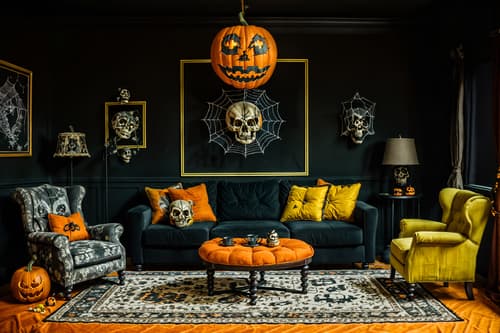 photo from pinterest of halloween-style interior designed (living room interior) with sofa and furniture and coffee tables and rug and chairs and plant and televisions and occasional tables. . with human skulls and cobwebs and spiderwebs and cobwebs and skeletons sitting and standing and glowing pumpkins and yellow black balloons and lanterns. . cinematic photo, highly detailed, cinematic lighting, ultra-detailed, ultrarealistic, photorealism, 8k. trending on pinterest. halloween interior design style. masterpiece, cinematic light, ultrarealistic+, photorealistic+, 8k, raw photo, realistic, sharp focus on eyes, (symmetrical eyes), (intact eyes), hyperrealistic, highest quality, best quality, , highly detailed, masterpiece, best quality, extremely detailed 8k wallpaper, masterpiece, best quality, ultra-detailed, best shadow, detailed background, detailed face, detailed eyes, high contrast, best illumination, detailed face, dulux, caustic, dynamic angle, detailed glow. dramatic lighting. highly detailed, insanely detailed hair, symmetrical, intricate details, professionally retouched, 8k high definition. strong bokeh. award winning photo.