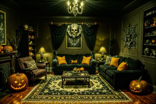 photo from pinterest of halloween-style interior designed (living room interior) with sofa and furniture and coffee tables and rug and chairs and plant and televisions and occasional tables. . with human skulls and cobwebs and spiderwebs and cobwebs and skeletons sitting and standing and glowing pumpkins and yellow black balloons and lanterns. . cinematic photo, highly detailed, cinematic lighting, ultra-detailed, ultrarealistic, photorealism, 8k. trending on pinterest. halloween interior design style. masterpiece, cinematic light, ultrarealistic+, photorealistic+, 8k, raw photo, realistic, sharp focus on eyes, (symmetrical eyes), (intact eyes), hyperrealistic, highest quality, best quality, , highly detailed, masterpiece, best quality, extremely detailed 8k wallpaper, masterpiece, best quality, ultra-detailed, best shadow, detailed background, detailed face, detailed eyes, high contrast, best illumination, detailed face, dulux, caustic, dynamic angle, detailed glow. dramatic lighting. highly detailed, insanely detailed hair, symmetrical, intricate details, professionally retouched, 8k high definition. strong bokeh. award winning photo.