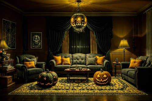 photo from pinterest of halloween-style interior designed (living room interior) with sofa and furniture and coffee tables and rug and chairs and plant and televisions and occasional tables. . with human skulls and cobwebs and spiderwebs and cobwebs and skeletons sitting and standing and glowing pumpkins and yellow black balloons and lanterns. . cinematic photo, highly detailed, cinematic lighting, ultra-detailed, ultrarealistic, photorealism, 8k. trending on pinterest. halloween interior design style. masterpiece, cinematic light, ultrarealistic+, photorealistic+, 8k, raw photo, realistic, sharp focus on eyes, (symmetrical eyes), (intact eyes), hyperrealistic, highest quality, best quality, , highly detailed, masterpiece, best quality, extremely detailed 8k wallpaper, masterpiece, best quality, ultra-detailed, best shadow, detailed background, detailed face, detailed eyes, high contrast, best illumination, detailed face, dulux, caustic, dynamic angle, detailed glow. dramatic lighting. highly detailed, insanely detailed hair, symmetrical, intricate details, professionally retouched, 8k high definition. strong bokeh. award winning photo.