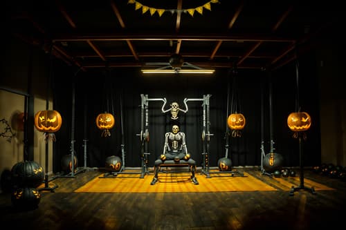 photo from pinterest of halloween-style interior designed (fitness gym interior) with dumbbell stand and crosstrainer and squat rack and bench press and exercise bicycle and dumbbell stand. . with yellow black balloons and lanterns and cobwebs and human skulls and skeletons sitting and standing and cobwebs and spiderwebs and glowing pumpkins. . cinematic photo, highly detailed, cinematic lighting, ultra-detailed, ultrarealistic, photorealism, 8k. trending on pinterest. halloween interior design style. masterpiece, cinematic light, ultrarealistic+, photorealistic+, 8k, raw photo, realistic, sharp focus on eyes, (symmetrical eyes), (intact eyes), hyperrealistic, highest quality, best quality, , highly detailed, masterpiece, best quality, extremely detailed 8k wallpaper, masterpiece, best quality, ultra-detailed, best shadow, detailed background, detailed face, detailed eyes, high contrast, best illumination, detailed face, dulux, caustic, dynamic angle, detailed glow. dramatic lighting. highly detailed, insanely detailed hair, symmetrical, intricate details, professionally retouched, 8k high definition. strong bokeh. award winning photo.