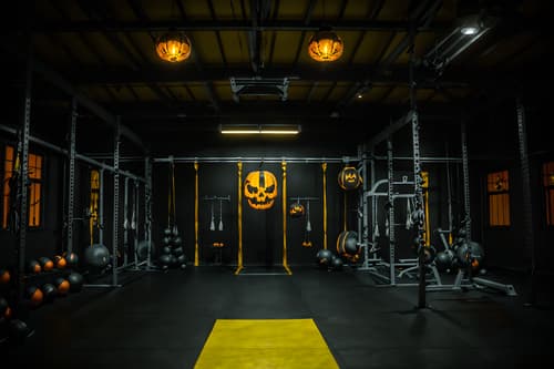 photo from pinterest of halloween-style interior designed (fitness gym interior) with dumbbell stand and crosstrainer and squat rack and bench press and exercise bicycle and dumbbell stand. . with yellow black balloons and lanterns and cobwebs and human skulls and skeletons sitting and standing and cobwebs and spiderwebs and glowing pumpkins. . cinematic photo, highly detailed, cinematic lighting, ultra-detailed, ultrarealistic, photorealism, 8k. trending on pinterest. halloween interior design style. masterpiece, cinematic light, ultrarealistic+, photorealistic+, 8k, raw photo, realistic, sharp focus on eyes, (symmetrical eyes), (intact eyes), hyperrealistic, highest quality, best quality, , highly detailed, masterpiece, best quality, extremely detailed 8k wallpaper, masterpiece, best quality, ultra-detailed, best shadow, detailed background, detailed face, detailed eyes, high contrast, best illumination, detailed face, dulux, caustic, dynamic angle, detailed glow. dramatic lighting. highly detailed, insanely detailed hair, symmetrical, intricate details, professionally retouched, 8k high definition. strong bokeh. award winning photo.