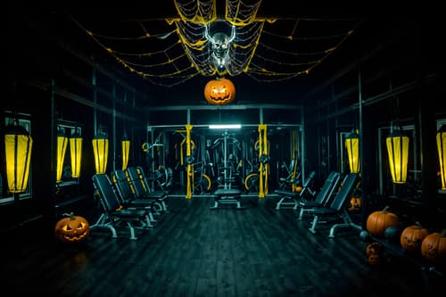 photo from pinterest of halloween-style interior designed (fitness gym interior) with dumbbell stand and crosstrainer and squat rack and bench press and exercise bicycle and dumbbell stand. . with yellow black balloons and lanterns and cobwebs and human skulls and skeletons sitting and standing and cobwebs and spiderwebs and glowing pumpkins. . cinematic photo, highly detailed, cinematic lighting, ultra-detailed, ultrarealistic, photorealism, 8k. trending on pinterest. halloween interior design style. masterpiece, cinematic light, ultrarealistic+, photorealistic+, 8k, raw photo, realistic, sharp focus on eyes, (symmetrical eyes), (intact eyes), hyperrealistic, highest quality, best quality, , highly detailed, masterpiece, best quality, extremely detailed 8k wallpaper, masterpiece, best quality, ultra-detailed, best shadow, detailed background, detailed face, detailed eyes, high contrast, best illumination, detailed face, dulux, caustic, dynamic angle, detailed glow. dramatic lighting. highly detailed, insanely detailed hair, symmetrical, intricate details, professionally retouched, 8k high definition. strong bokeh. award winning photo.